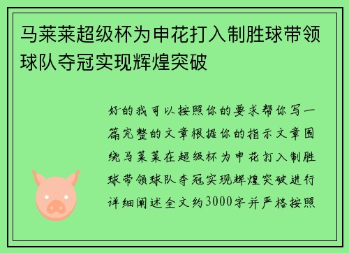 马莱莱超级杯为申花打入制胜球带领球队夺冠实现辉煌突破 马莱莱超级杯为申花打入制胜球带领球队夺冠实现辉煌突破